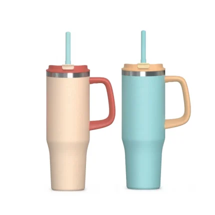 Oversized travel tumbler with grip handle and straw