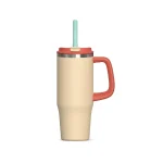 Oversized travel tumbler with grip handle and straw