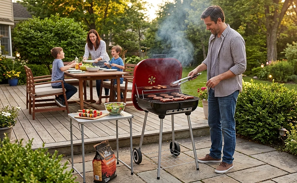 Freestanding Charcoal BBQ Grill with Wheels and Lid