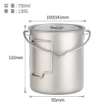 750ml Pure Titanium Camping Hanging Pot, Ultralight Single‑Person Cookware with Lid, Folding Handle & Hanging Loop - Image 4